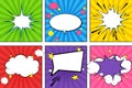 Comic speech bubbles. Pop art vector label illustration. Vintage comics book poster. on colored background. Royalty Free Stock Photo